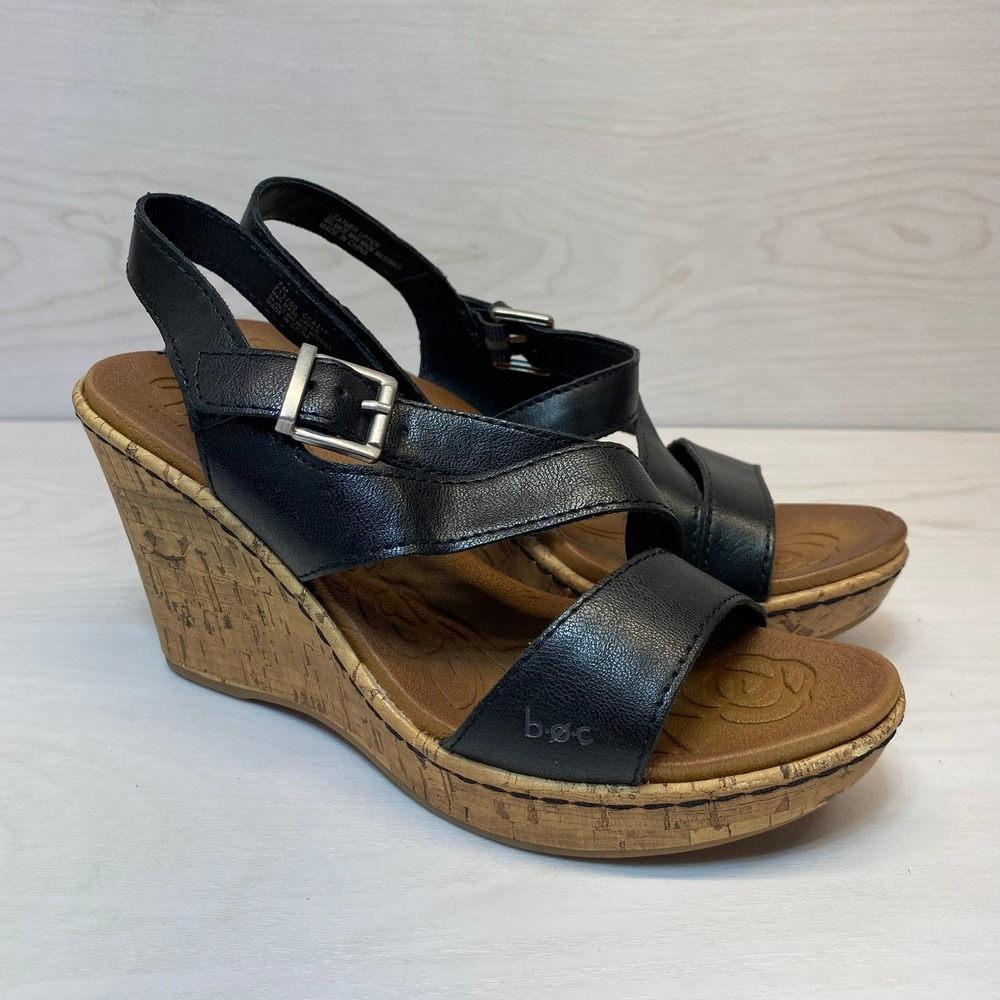 B.O.C. Womens 7M Wedge Sandals Strappy Cork Black Z13703 Boho Comfort